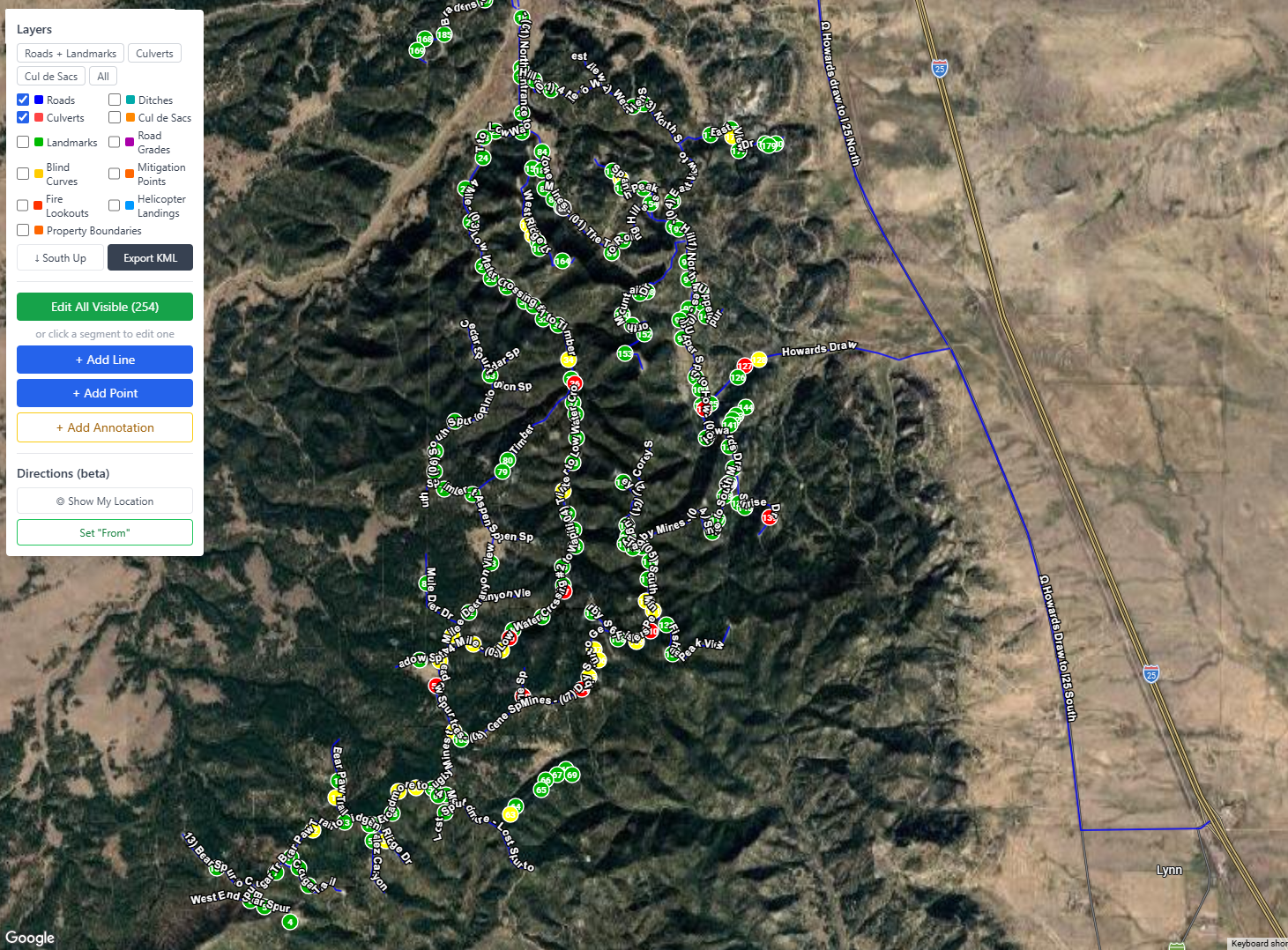 GROOM road management — satellite map with culvert locations overlaid on gravel road network